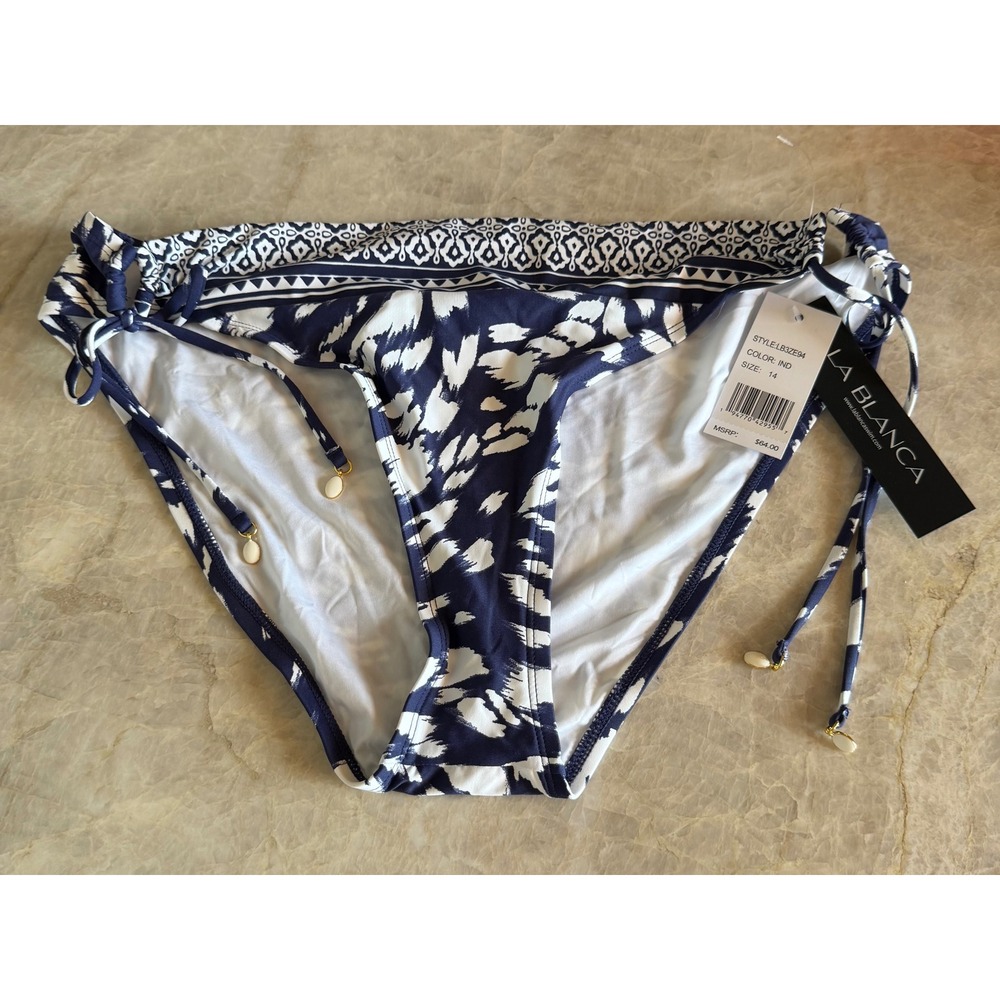 La Blanca Indigo Ikat Print Side Tie Bikini Swim Bottoms LB3ZE94 Navy White 14